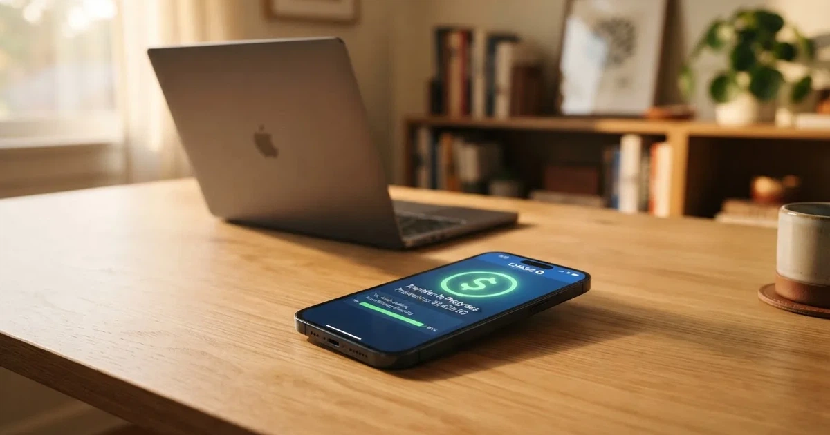 Close-up of a smartphone banking app open beside a laptop on a home desk, mid-transfer.