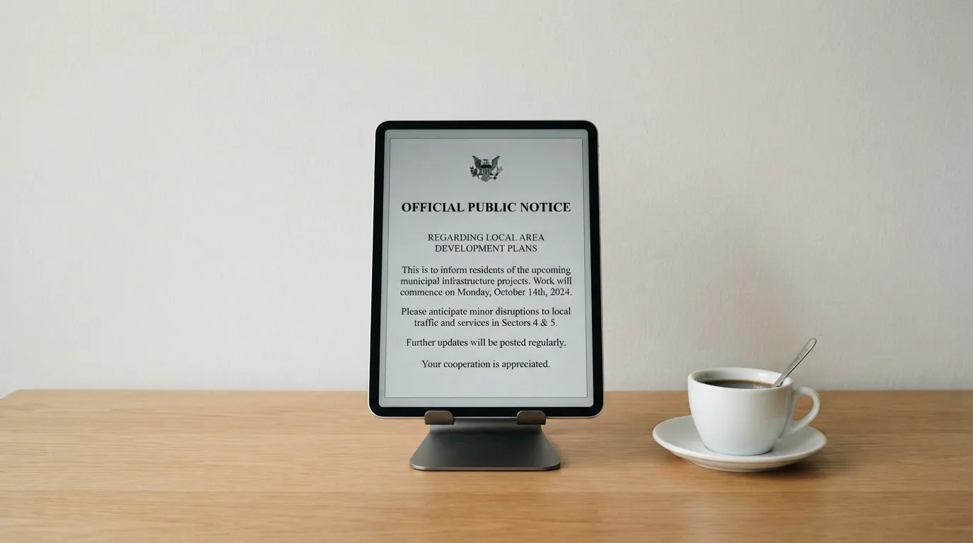 A tablet on a desk displays a plain government-style warning notice page, with a coffee cup beside it.